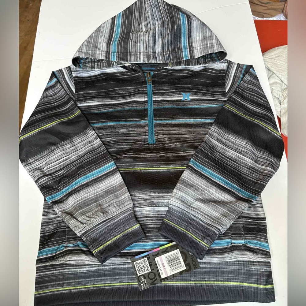 Hurley Boys Striped Hoodie Pullover Size 6 Black Gray Blue NWT